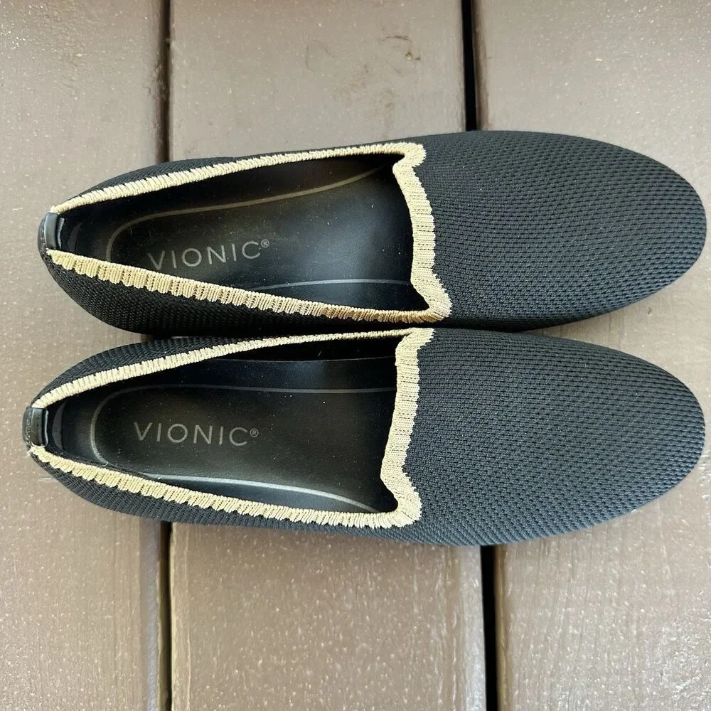 Vionic Willa Knit Slip On Shoes Womens Sz 6.5 Black Loafer Flats Beige Comfort